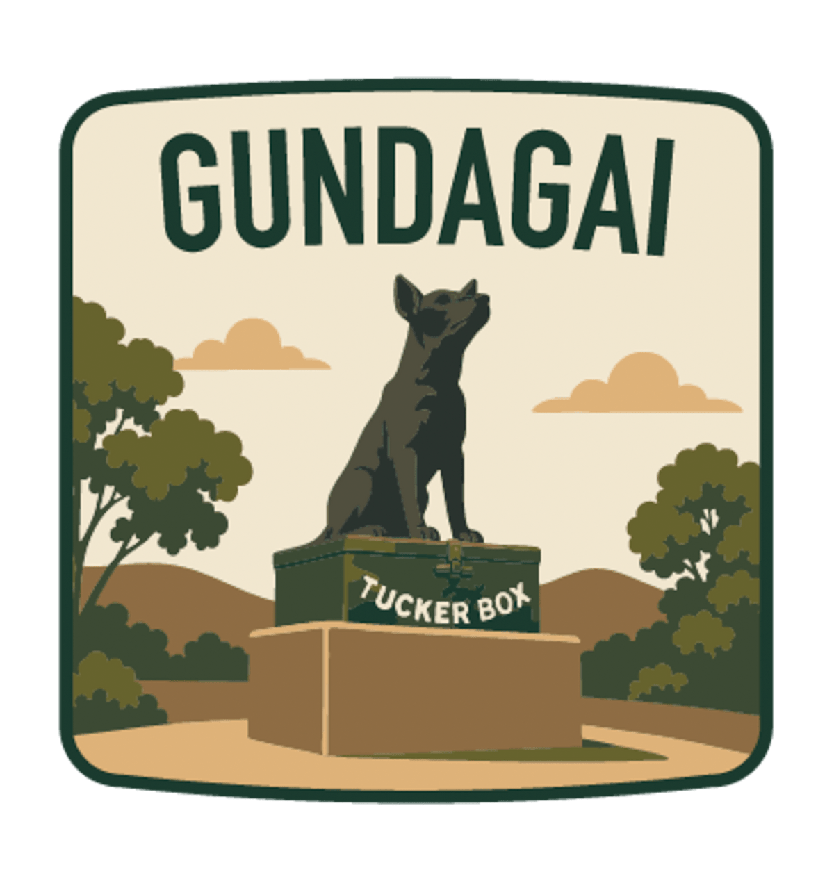 Gundagai illustrated travel patch design featuring the Dog on the Tuckerbox monument.