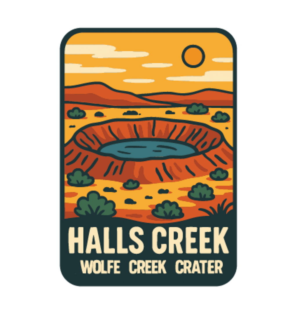 Halls Creek - Wolfe Creek Crater illustrated travel patch design featuring the circular Wolfe Creek Crater in a red desert landscape.