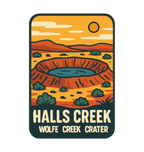 Halls Creek - Wolfe Creek Crater illustrated travel patch design featuring the circular Wolfe Creek Crater in a red desert landscape.