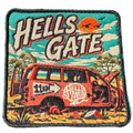 Hells Gate embroidered travel patch with a rusty outback vehicle beside an 11 km sign at Hells Gate; photographed on a transparent background.