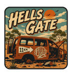 Hells Gate illustrated travel patch design featuring a rusty outback vehicle beside an 11 km sign at Hells Gate.