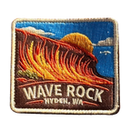 Hyden - Wave Rock embroidered travel patch with the curved rock formation of Wave Rock; photographed on a transparent background.