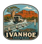 Ivanhoe Crossing illustrated travel patch design featuring a four-wheel drive splashing across a flooded causeway with a crocodile in the water.