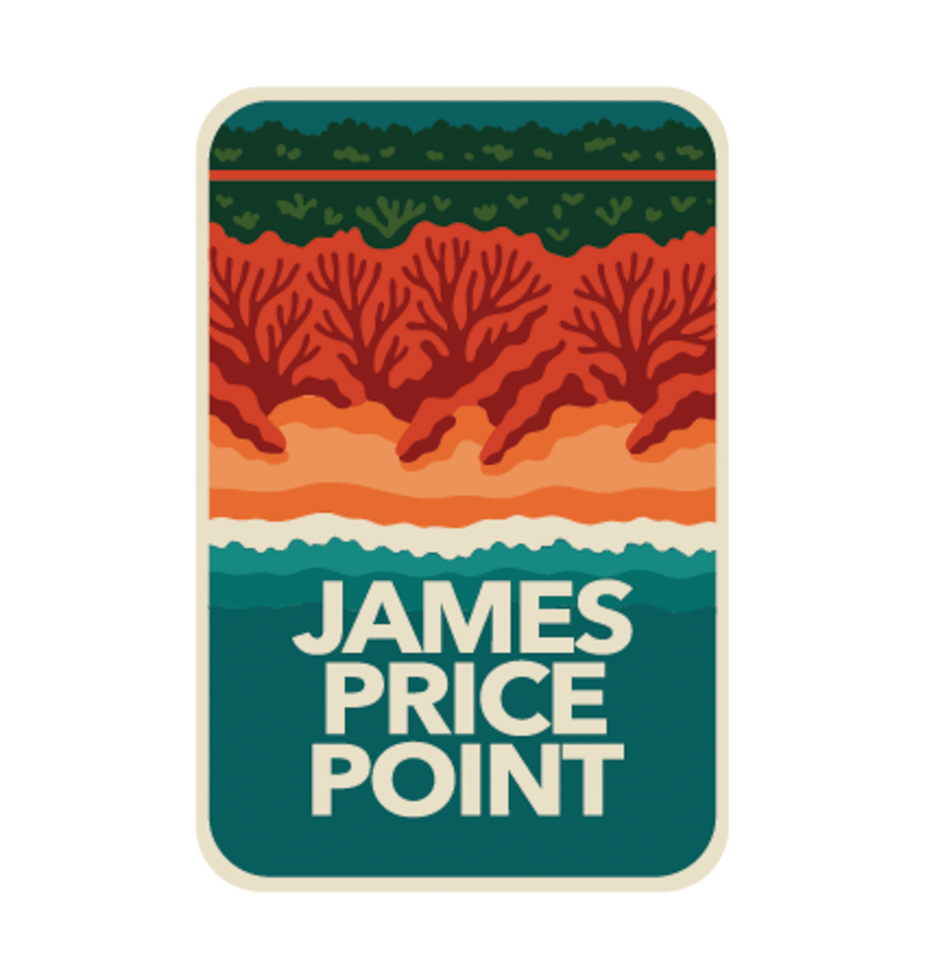 James Price Point illustrated travel patch design featuring layered red coastal cliffs, turquoise water and a dark green treeline.