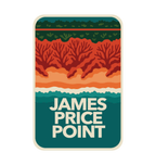 James Price Point illustrated travel patch design featuring layered red coastal cliffs, turquoise water and a dark green treeline.