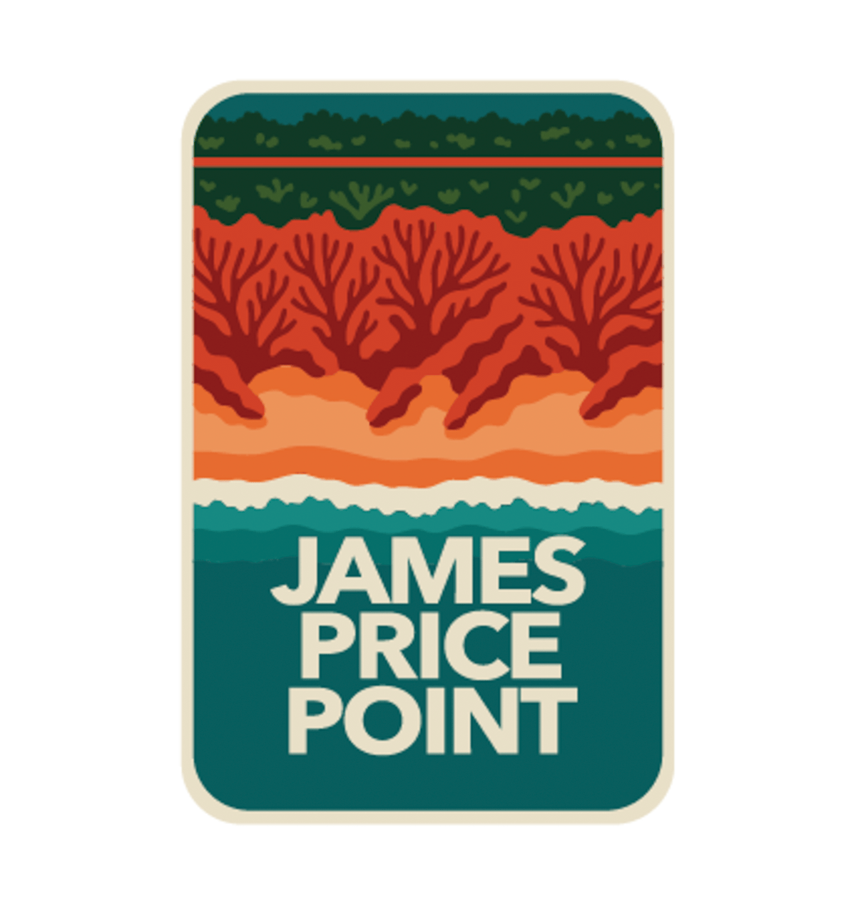 James Price Point illustrated travel patch design featuring layered red coastal cliffs, turquoise water and a dark green treeline.