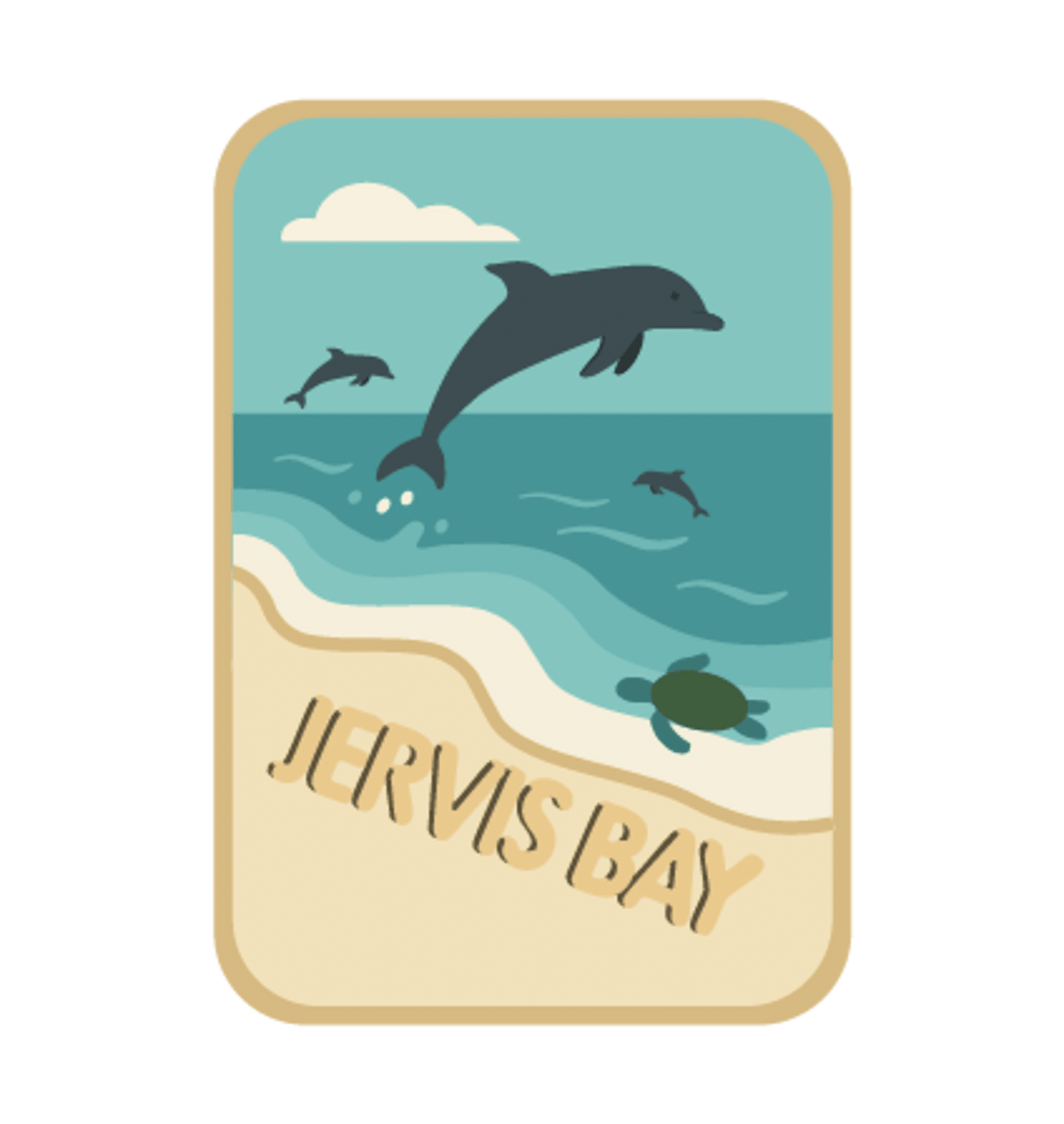 Jervis Bay illustrated travel patch design featuring dolphins leaping offshore and a turtle swimming beside a sandy beach.