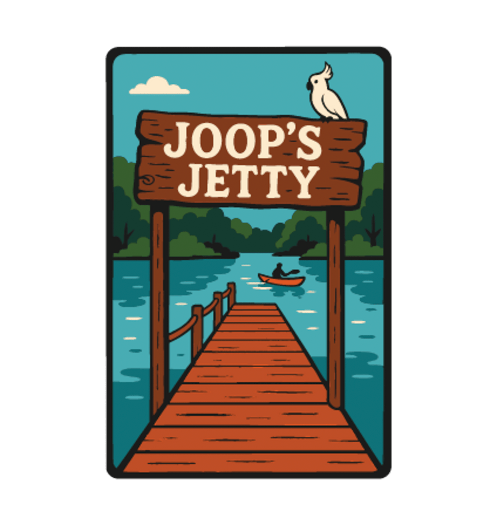 Joop's Jetty - Harrietville illustrated travel patch design featuring a wooden jetty and Joop‚Äôs Jetty sign above a lake with a canoe.
