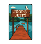 Joop's Jetty - Harrietville illustrated travel patch design featuring a wooden jetty and Joop‚Äôs Jetty sign above a lake with a canoe.