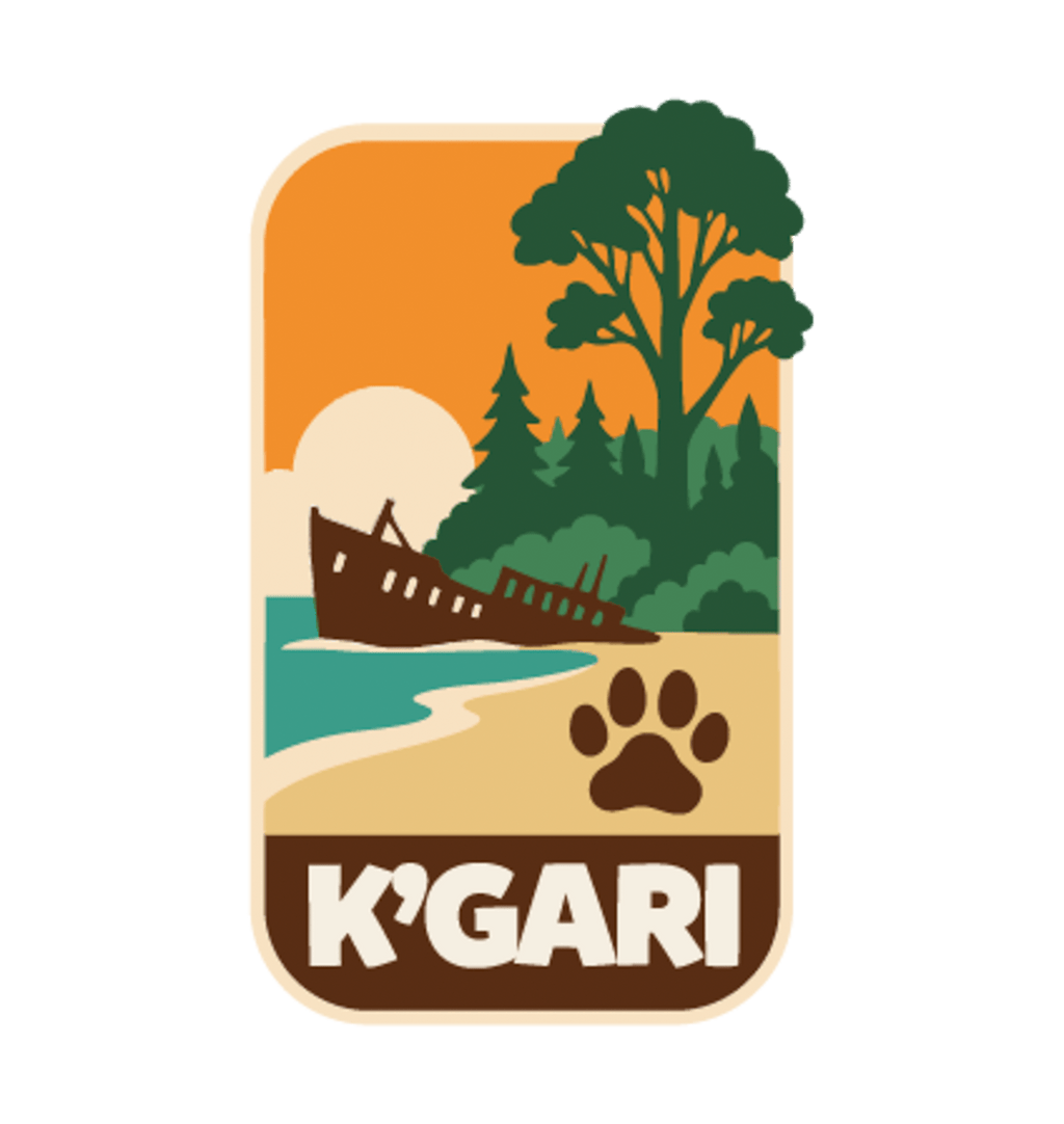 K'gari - Fraser Island illustrated travel patch design featuring a shipwreck on the beach, a dingo paw print and green coastal forest.