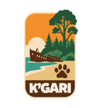 K'gari - Fraser Island illustrated travel patch design featuring a shipwreck on the beach, a dingo paw print and green coastal forest.