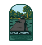 Kakadu - Cahills Crossing illustrated travel patch design featuring a four-wheel drive approaching a river crossing in Kakadu, with trees and a person fishing.