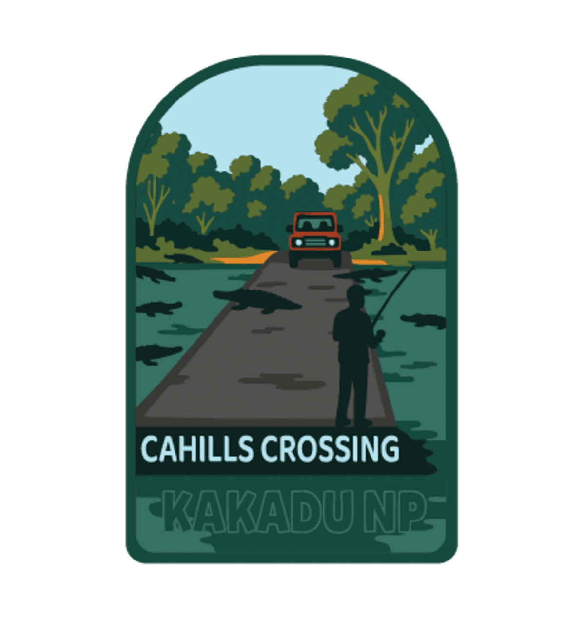 Kakadu - Cahills Crossing illustrated travel patch design featuring a four-wheel drive approaching a river crossing in Kakadu, with trees and a person fishing.