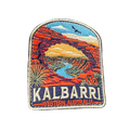 Kalbarri embroidered travel patch with a red sandstone arch framing a winding river through an outback gorge; photographed on a transparent background.
