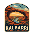 Kalbarri illustrated travel patch design featuring a red sandstone arch framing a winding river through an outback gorge.