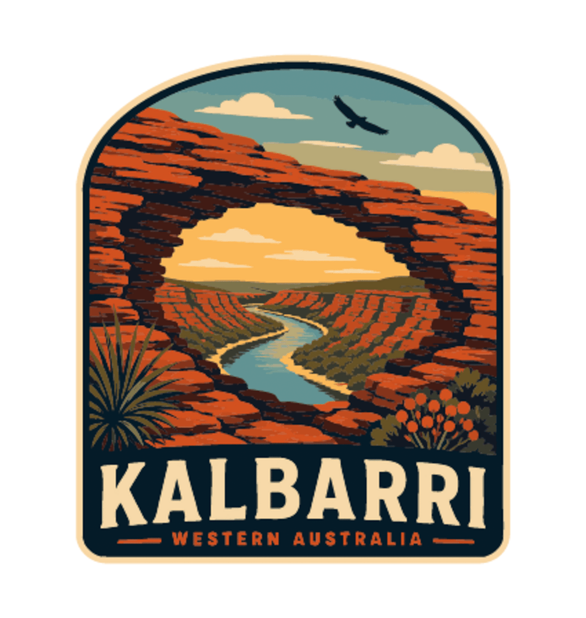 Kalbarri illustrated travel patch design featuring a red sandstone arch framing a winding river through an outback gorge.