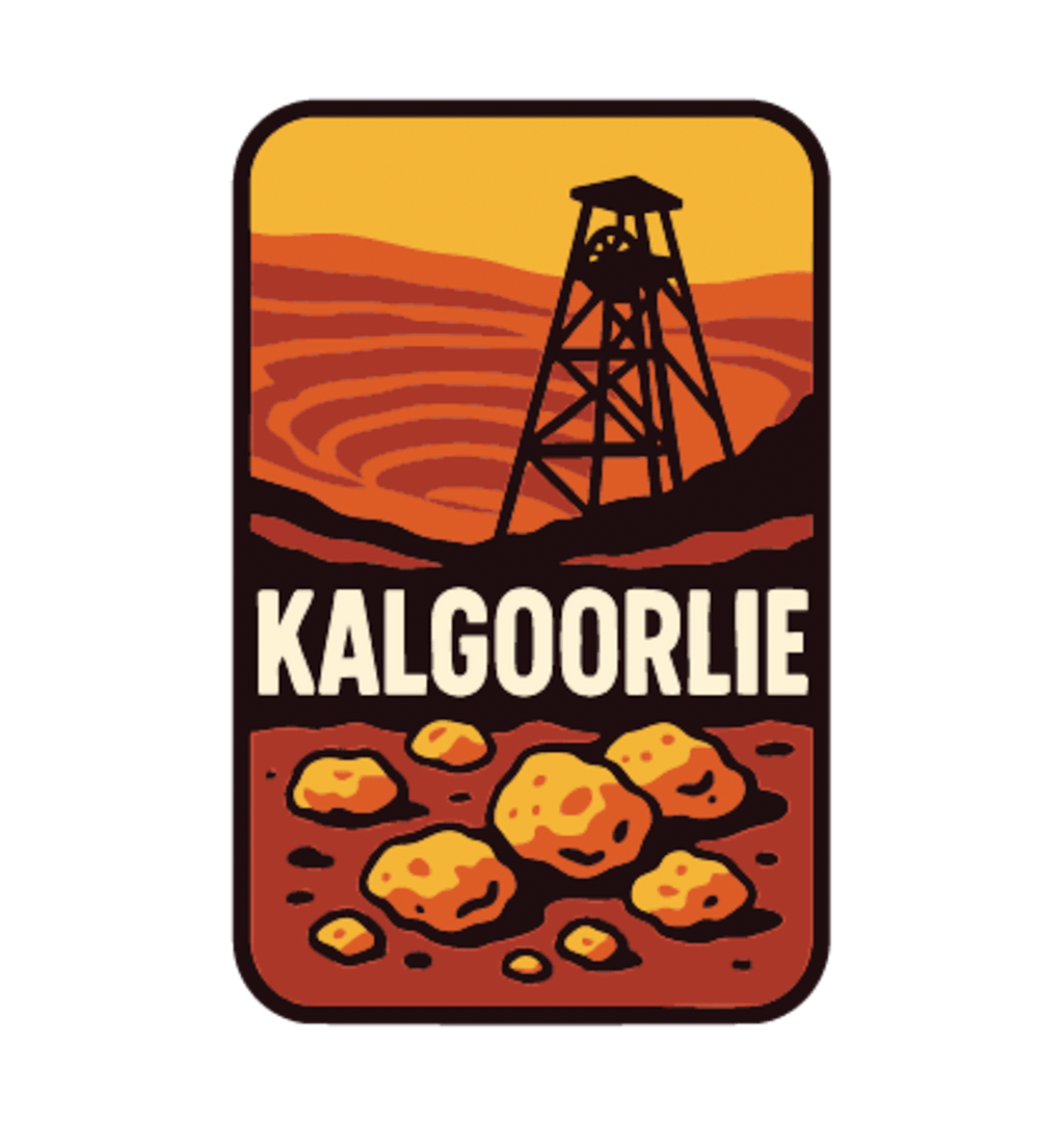 Kalgoorlie illustrated travel patch design featuring a mining headframe above golden nuggets against red outback hills.