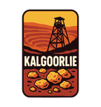 Kalgoorlie illustrated travel patch design featuring a mining headframe above golden nuggets against red outback hills.