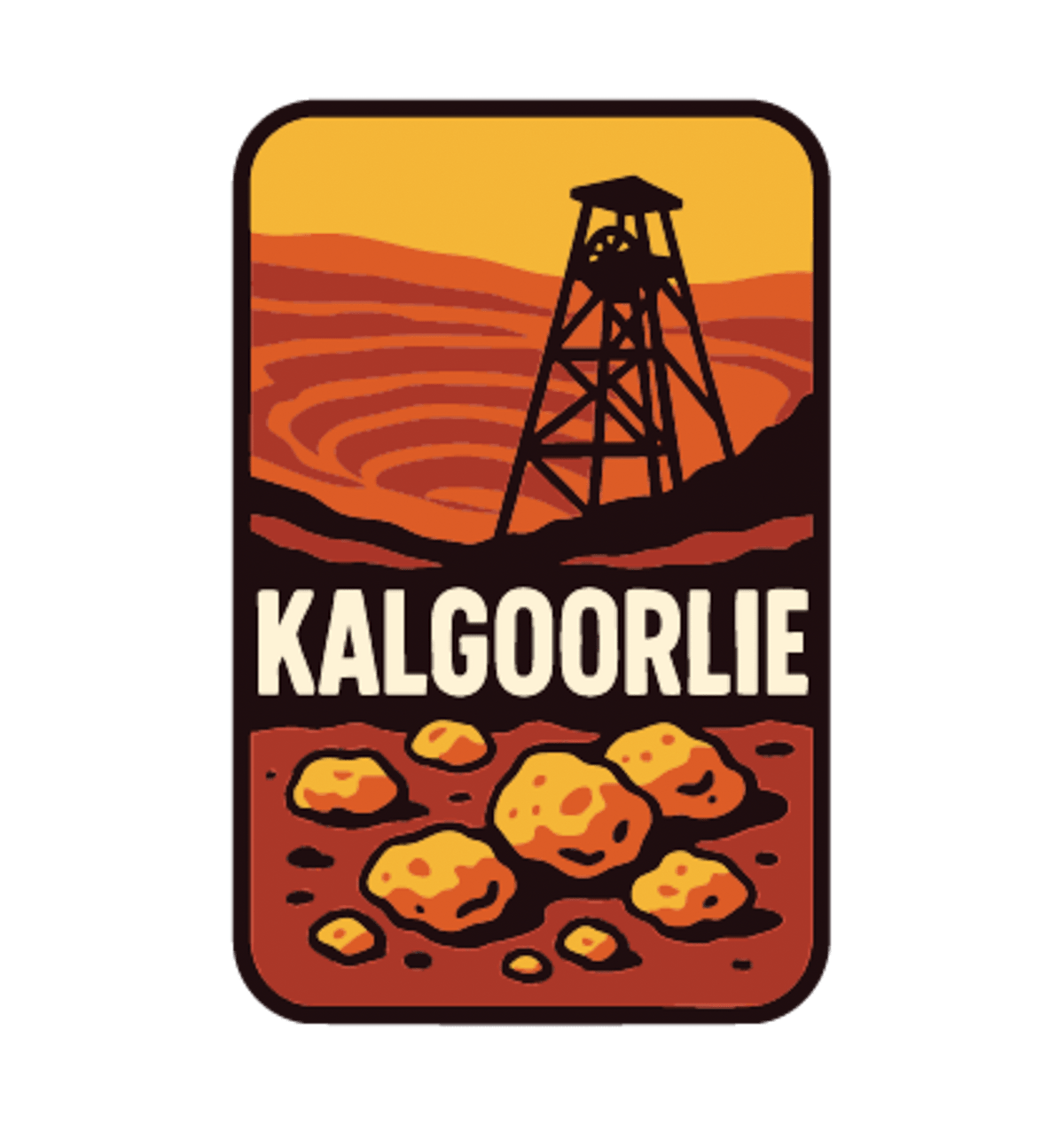 Kalgoorlie illustrated travel patch design featuring a mining headframe above golden nuggets against red outback hills.