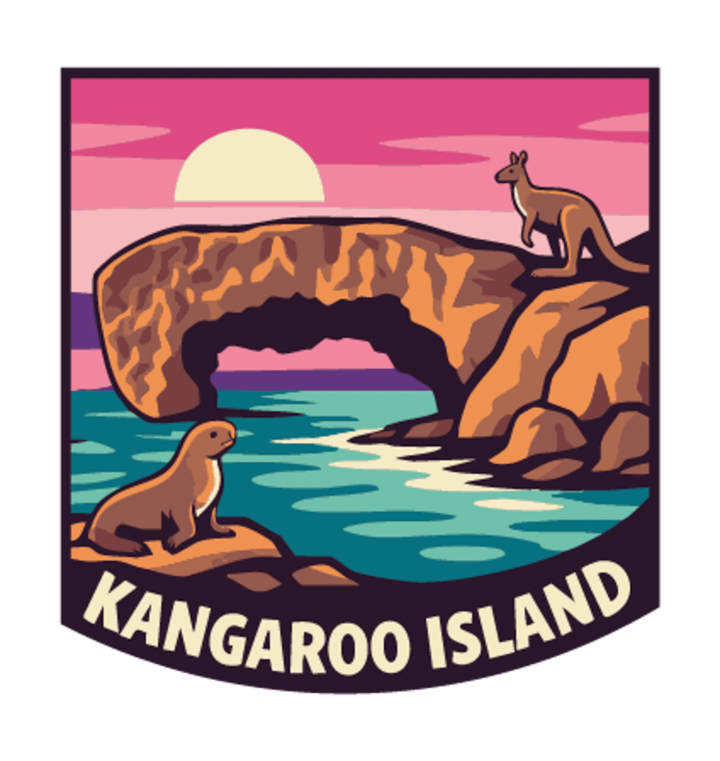 Kangaroo Island illustrated travel patch design featuring a kangaroo on a coastal rock arch and a sea lion beside turquoise water at sunset.