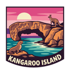 Kangaroo Island illustrated travel patch design featuring a kangaroo on a coastal rock arch and a sea lion beside turquoise water at sunset.