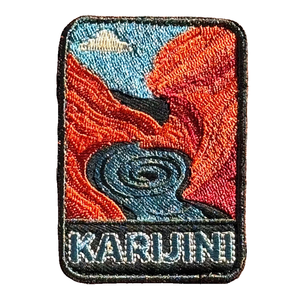 Karijini - Hamersley Gorge embroidered travel patch with red gorge walls surrounding a swirling turquoise pool; photographed on a transparent background.