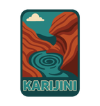 Karijini - Hamersley Gorge illustrated travel patch design featuring red gorge walls surrounding a swirling turquoise pool.