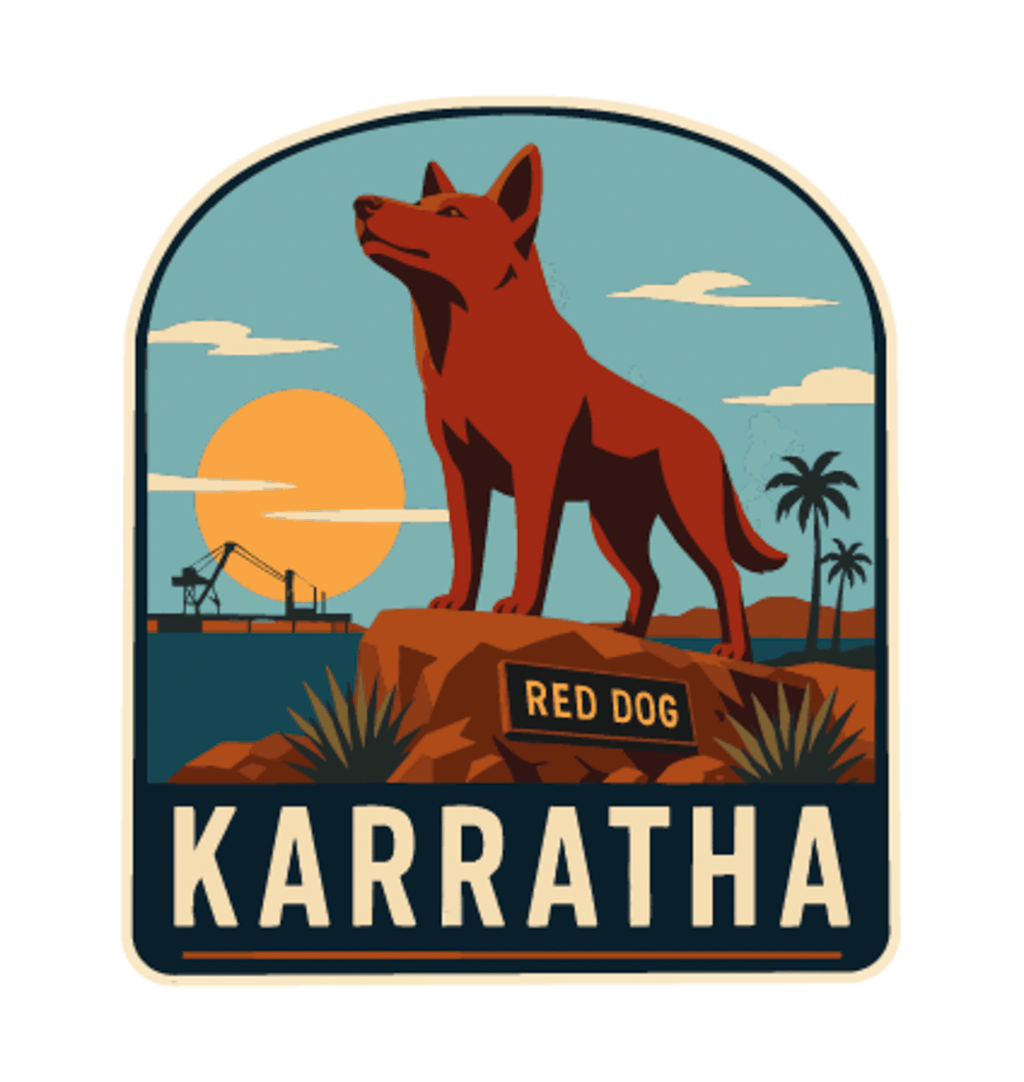 Karratha illustrated travel patch design featuring the Red Dog statue on a red rocky hill with an industrial harbour and sunset.