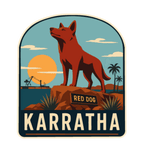Karratha illustrated travel patch design featuring the Red Dog statue on a red rocky hill with an industrial harbour and sunset.