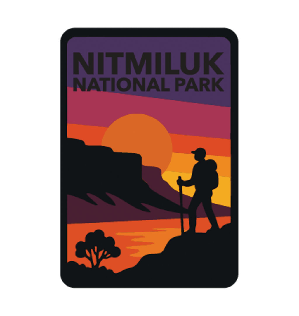 Katherine Gorge (Nitmiluk) illustrated travel patch design featuring a hiker silhouetted against an orange sunset and gorge cliffs at Nitmiluk National Park.