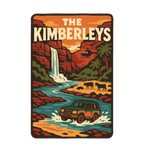 The Kimberleys illustrated travel patch design featuring a waterfall, helicopter, cattle and four-wheel drive in a rugged Kimberley gorge.