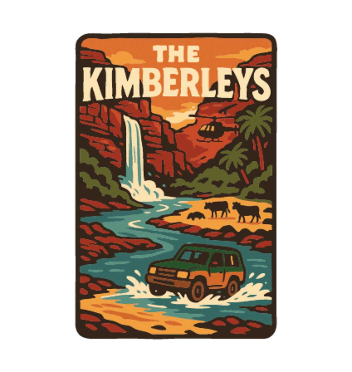 The Kimberleys illustrated travel patch design featuring a waterfall, helicopter, cattle and four-wheel drive in a rugged Kimberley gorge.
