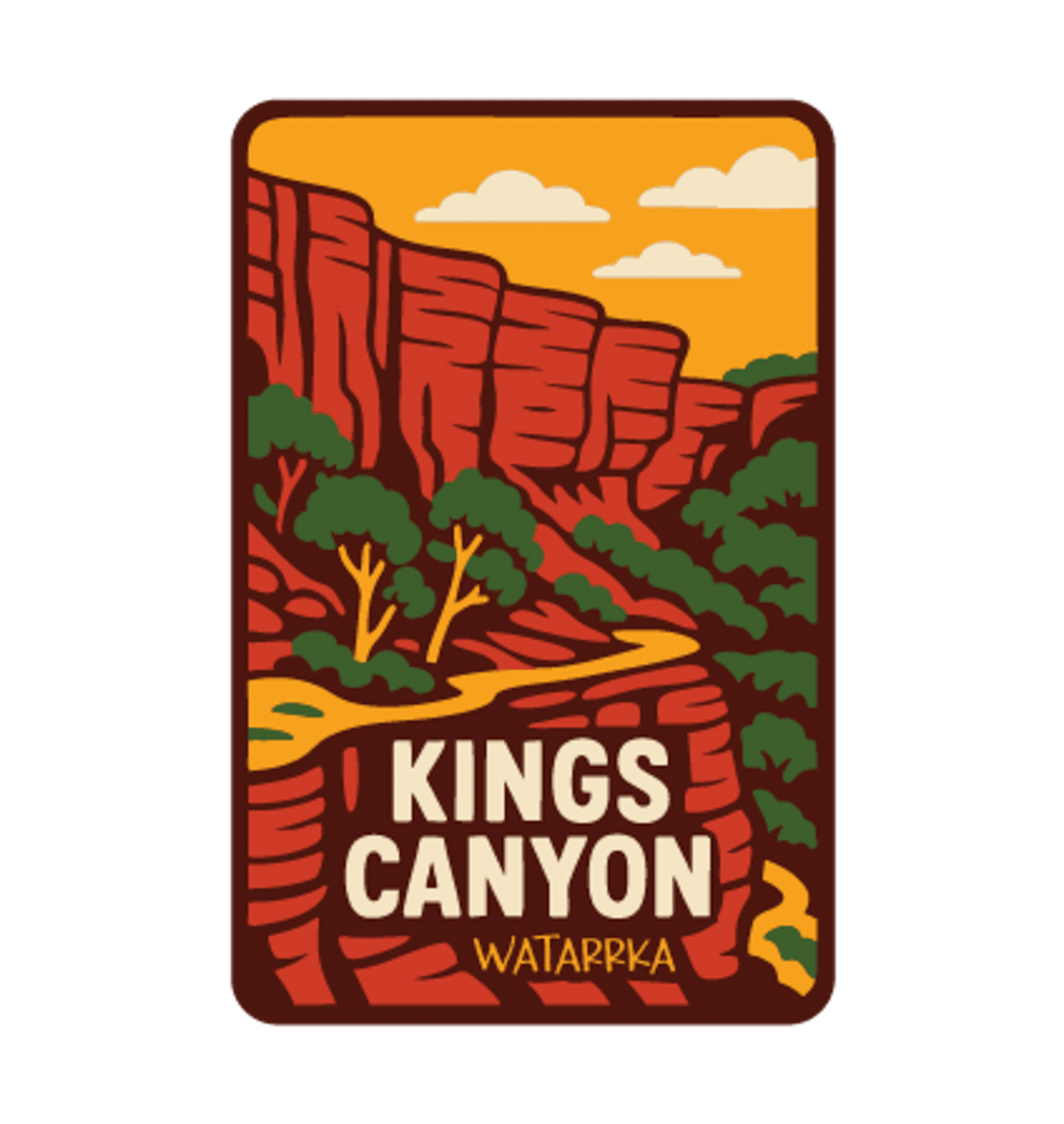 Kings Canyon (Watarrka) illustrated travel patch design featuring red sandstone canyon walls and trees in Watarrka National Park.