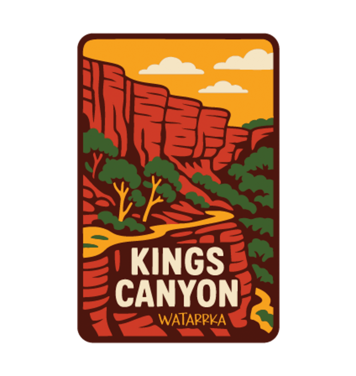 Kings Canyon (Watarrka) illustrated travel patch design featuring red sandstone canyon walls and trees in Watarrka National Park.