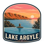 Lake Argyle illustrated travel patch design featuring a swimmer overlooking Lake Argyle and distant mountains at sunset.