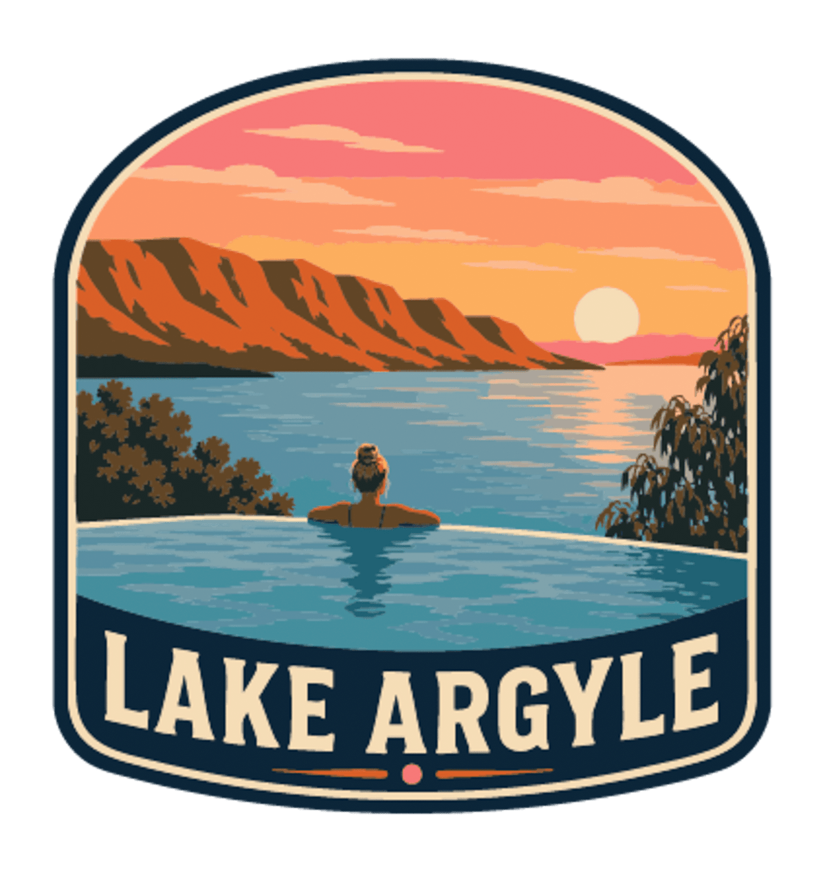 Lake Argyle illustrated travel patch design featuring a swimmer overlooking Lake Argyle and distant mountains at sunset.