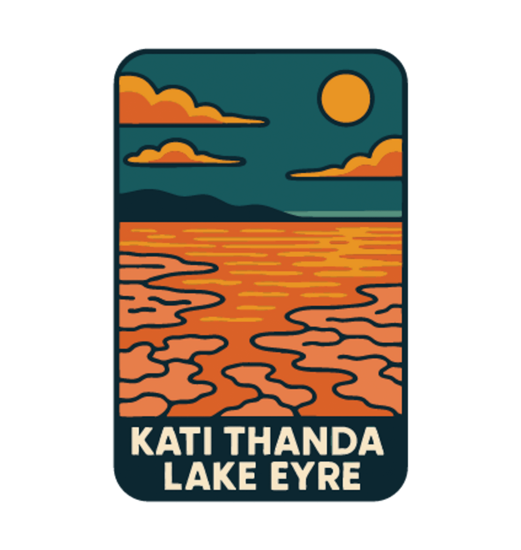 Lake Eyre (Kati Thanda) illustrated travel patch design featuring cracked salt flats and shallow water beneath an orange sun at Kati Thanda‚ÄìLake Eyre.