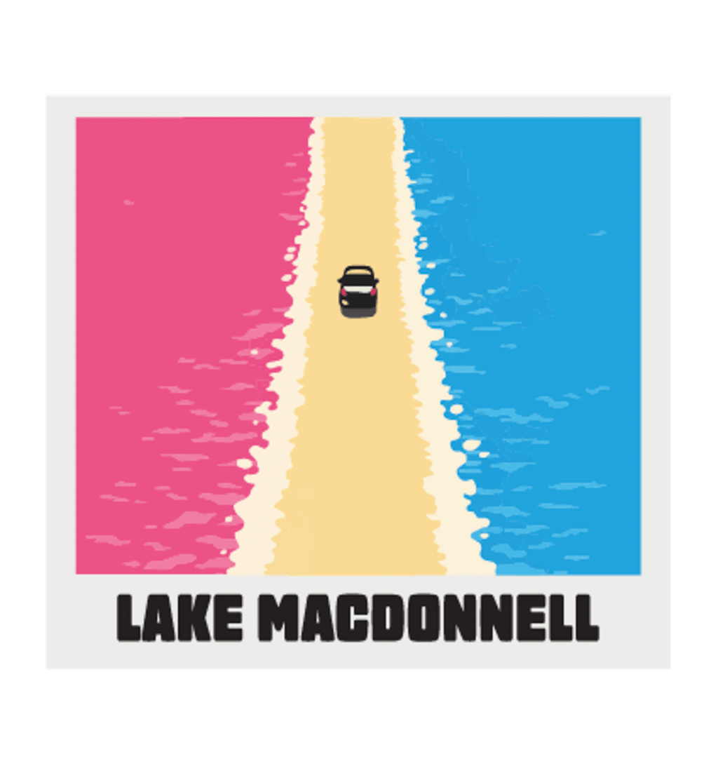 Lake MacDonnell illustrated travel patch design featuring an aerial view of a road separating bright pink and blue lakes.