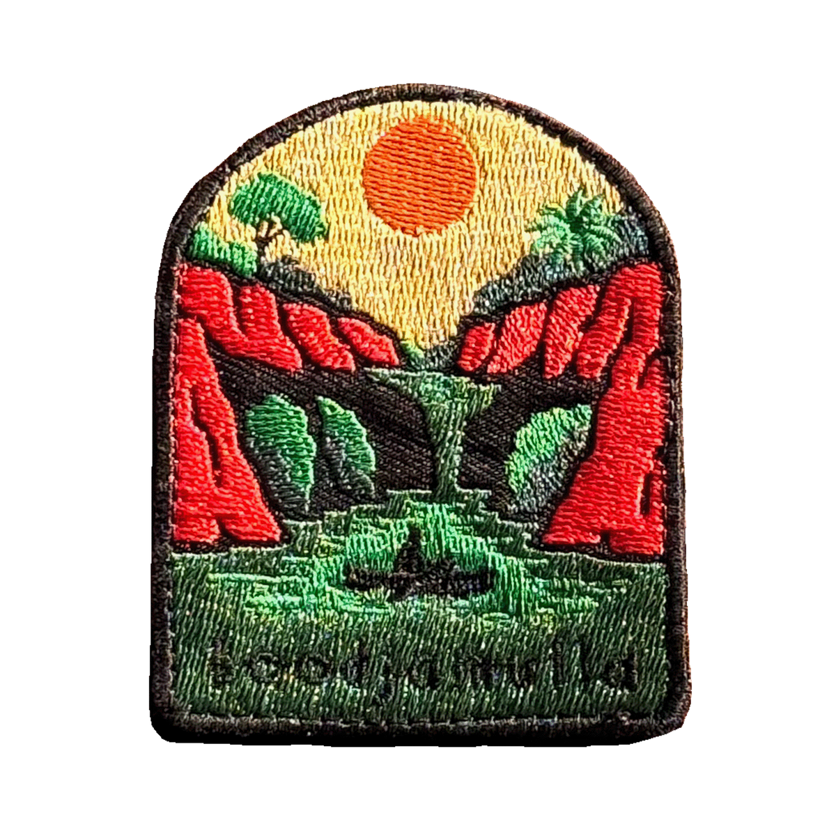 Lawn Hill (Boodjamulla) embroidered travel patch with a person canoeing through a green river between red cliffs at Boodjamulla; photographed on a transparent background.
