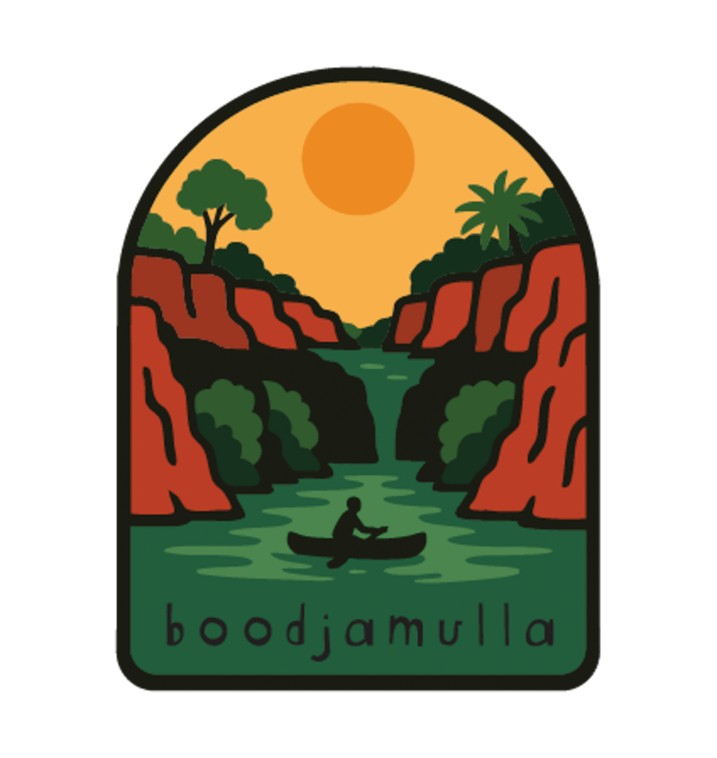 Lawn Hill (Boodjamulla) illustrated travel patch design featuring a person canoeing through a green river between red cliffs at Boodjamulla.