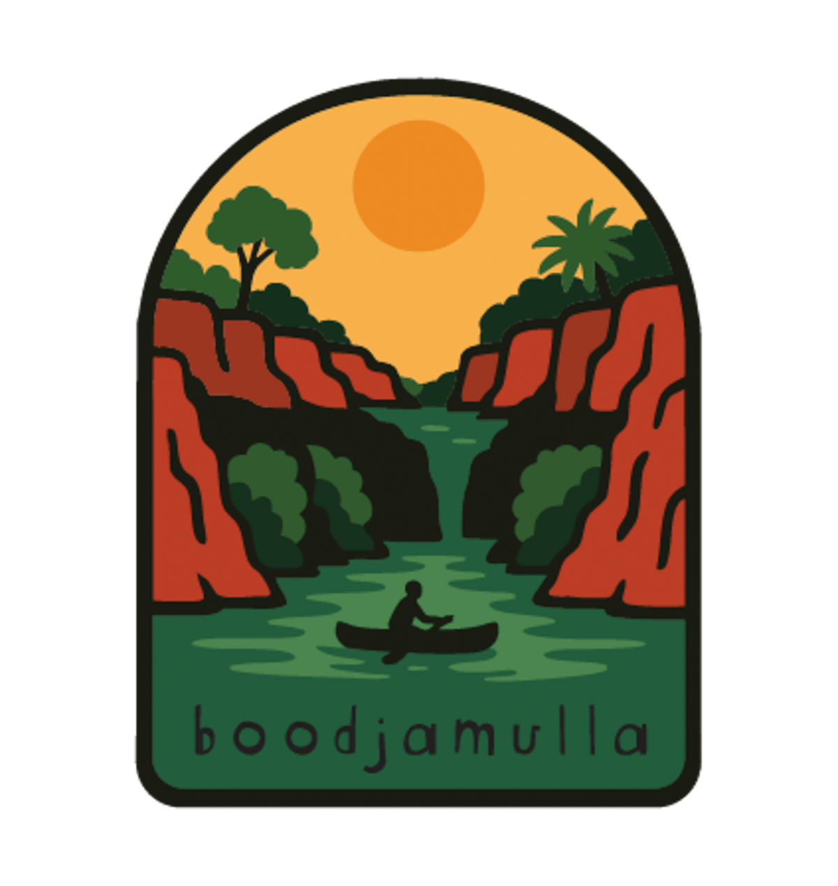 Lawn Hill (Boodjamulla) illustrated travel patch design featuring a person canoeing through a green river between red cliffs at Boodjamulla.