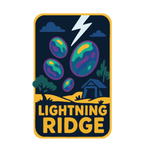 Lightning Ridge illustrated travel patch design featuring colourful opals, lightning and a small mining shack beneath a dark sky.