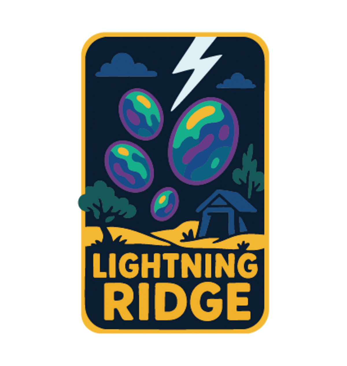 Lightning Ridge illustrated travel patch design featuring colourful opals, lightning and a small mining shack beneath a dark sky.