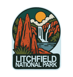 Litchfield National Park illustrated travel patch design featuring red termite mounds, a waterfall and rocky scenery in Litchfield National Park.