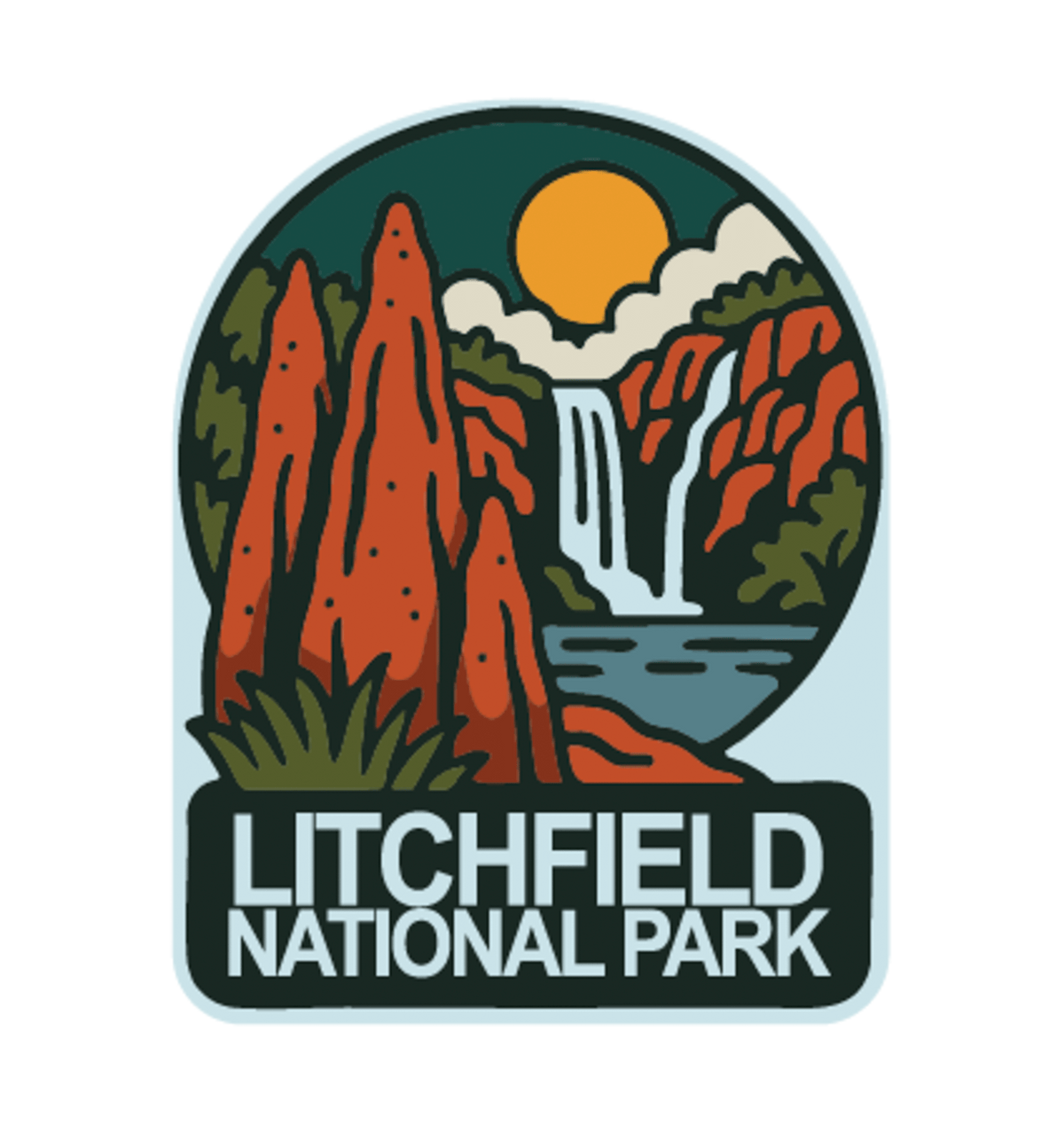 Litchfield National Park illustrated travel patch design featuring red termite mounds, a waterfall and rocky scenery in Litchfield National Park.