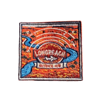 Longreach embroidered travel patch with a map-style outback landscape with a winding river, aircraft and Longreach Outback Hub lettering; photographed on a transparent background.