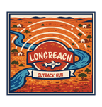 Longreach illustrated travel patch design featuring a map-style outback landscape with a winding river, aircraft and Longreach Outback Hub lettering.