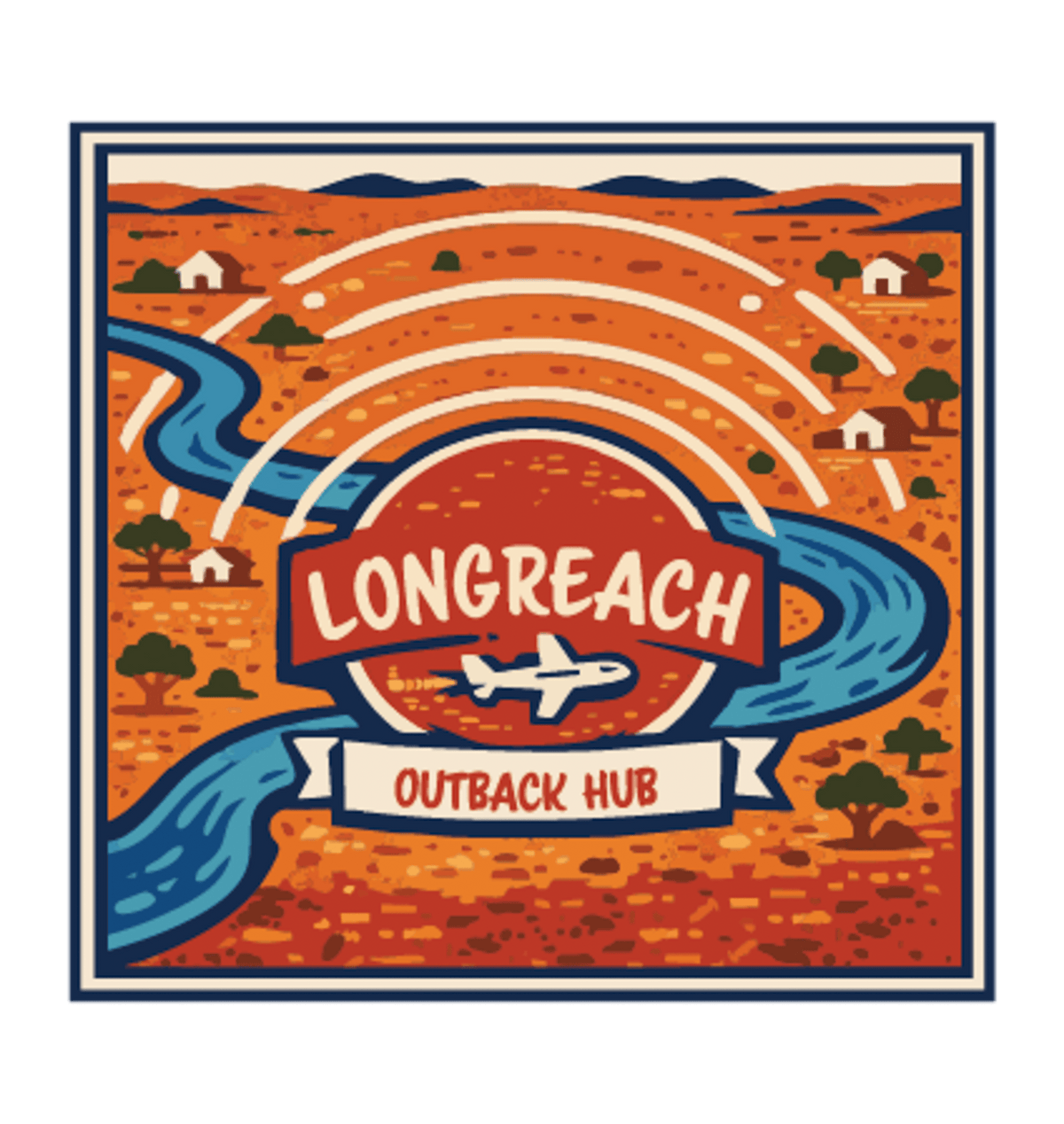 Longreach illustrated travel patch design featuring a map-style outback landscape with a winding river, aircraft and Longreach Outback Hub lettering.