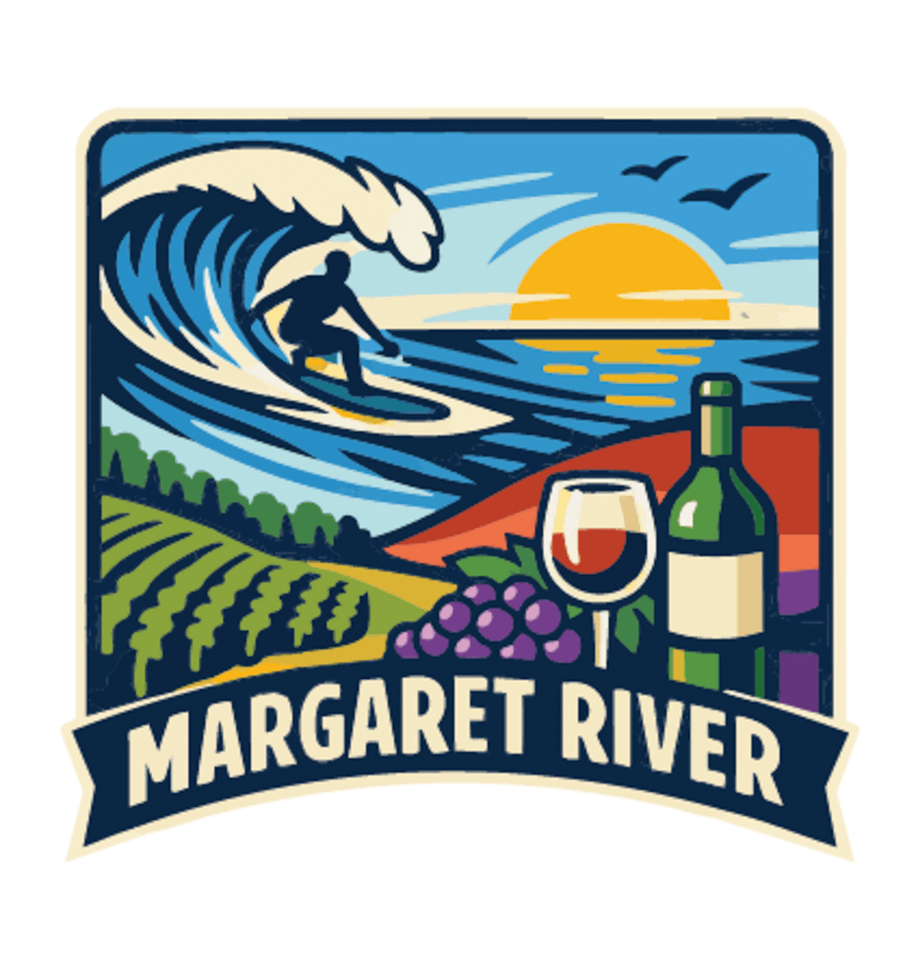 Margaret River illustrated travel patch design featuring a surfer riding a wave above vineyard rows, grapes and a wine glass.
