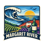 Margaret River illustrated travel patch design featuring a surfer riding a wave above vineyard rows, grapes and a wine glass.